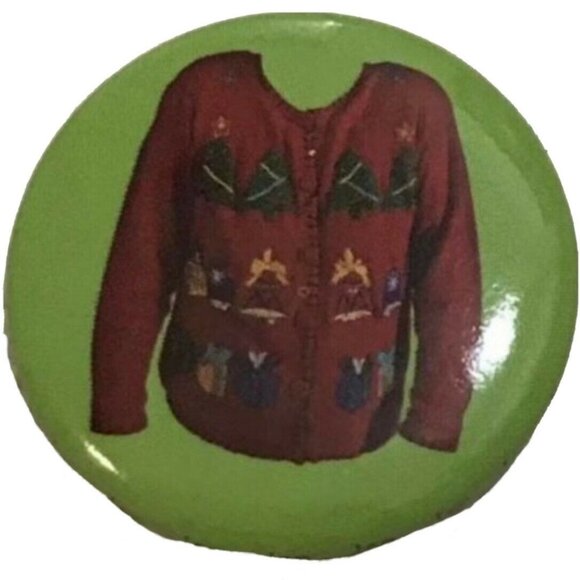 Christmas Button Pin Small Red Green Ugly Christmas Sweater Party Brooch - Picture 1 of 2